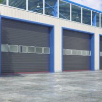 Hangar exterior with rolling gates. 3d illustration