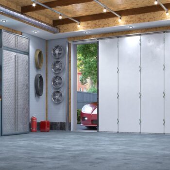 Modern garage interior with sectional gate. 3d illustration